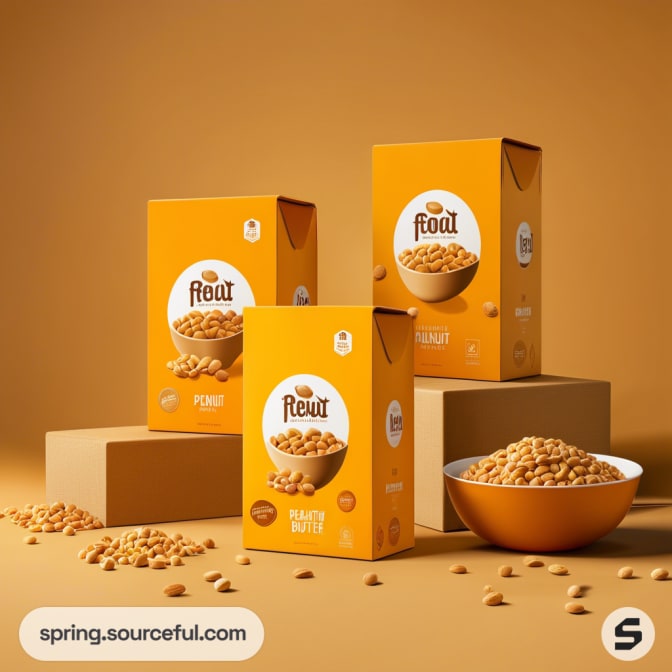 Peanut-themed cereal boxes on brown stands and a bowl.