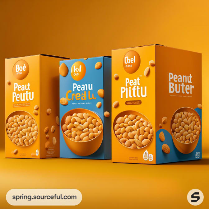 Colorful cereal boxes with peanuts on orange background.