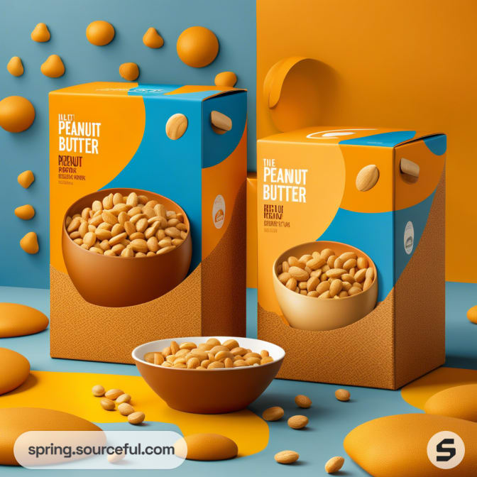 Peanut butter cereal boxes with orange and blue design.