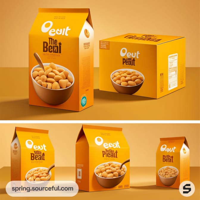 Orange boxes with peanut cereals and bowls.