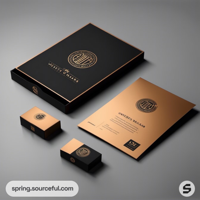 Stationery set with black and gold color scheme featuring a folder, document, and two boxes on a grey background.