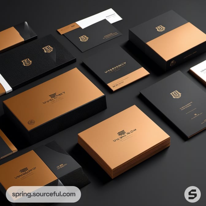 Sleek stationery in black and orange with boxes, envelopes, and documents on a dark background.