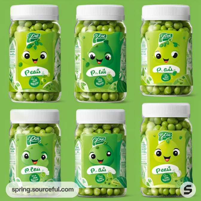 Green jars with animated pea characters and screw caps.