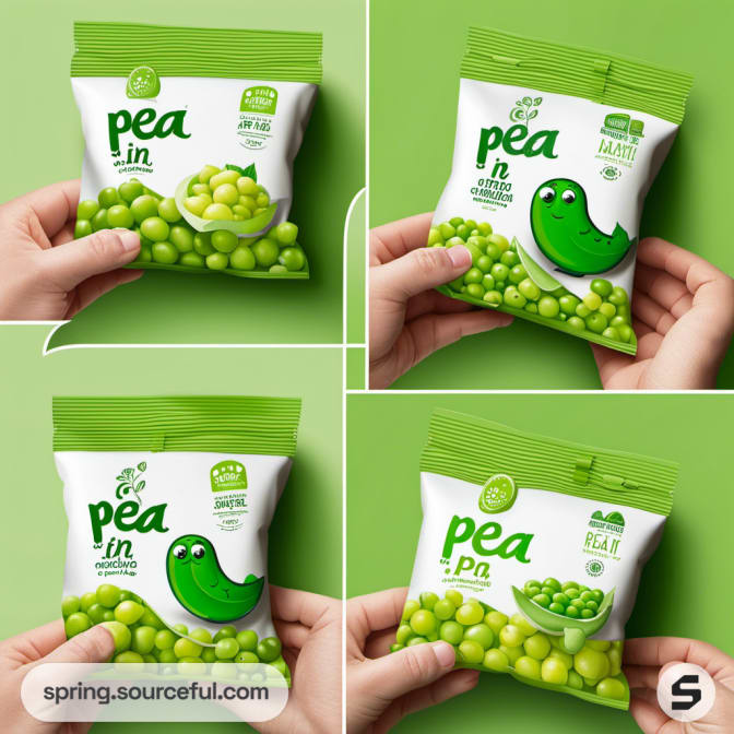 Hands holding green pea snack pouches with happy peas.