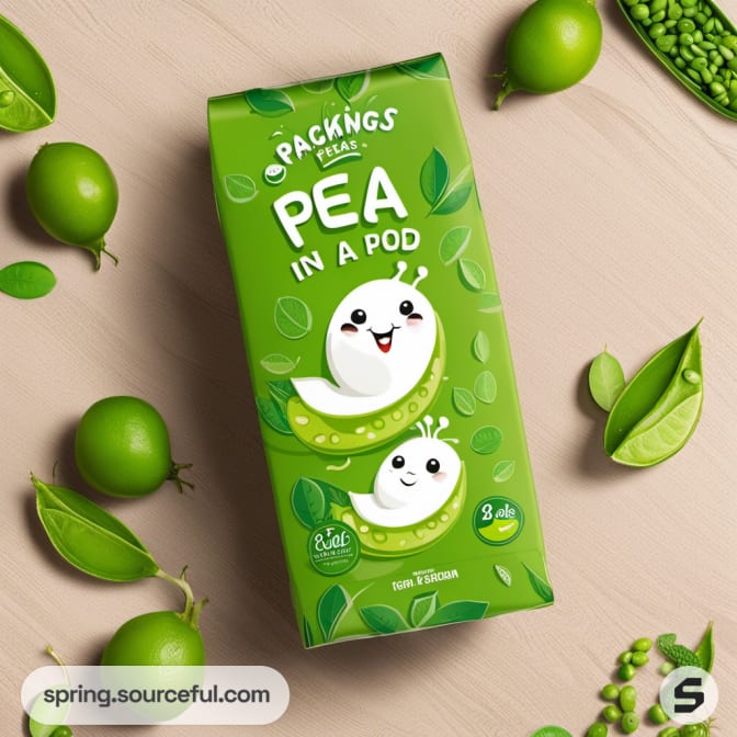 Carton box featuring smiling pea characters and open pea pods.