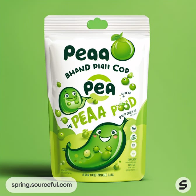 Resealable pouch with cheerful peas and green graphics.