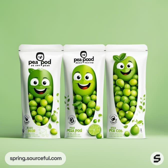 Three stand-up pouches with animated peas and leafy design.