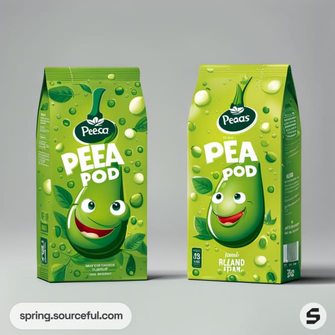 Green cartons with a happy, animated pea character.