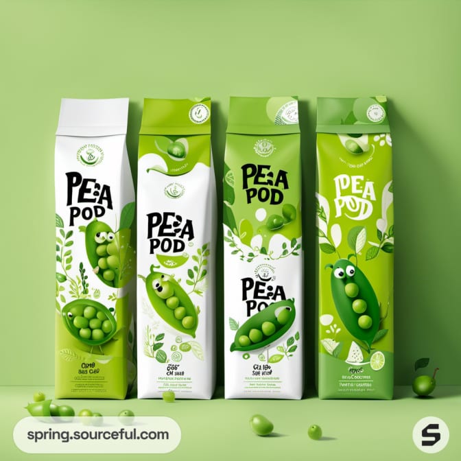 Tall cartons with pea pod illustrations and green background.