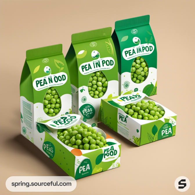 Box and carton packages with green pea motifs and pea pods.