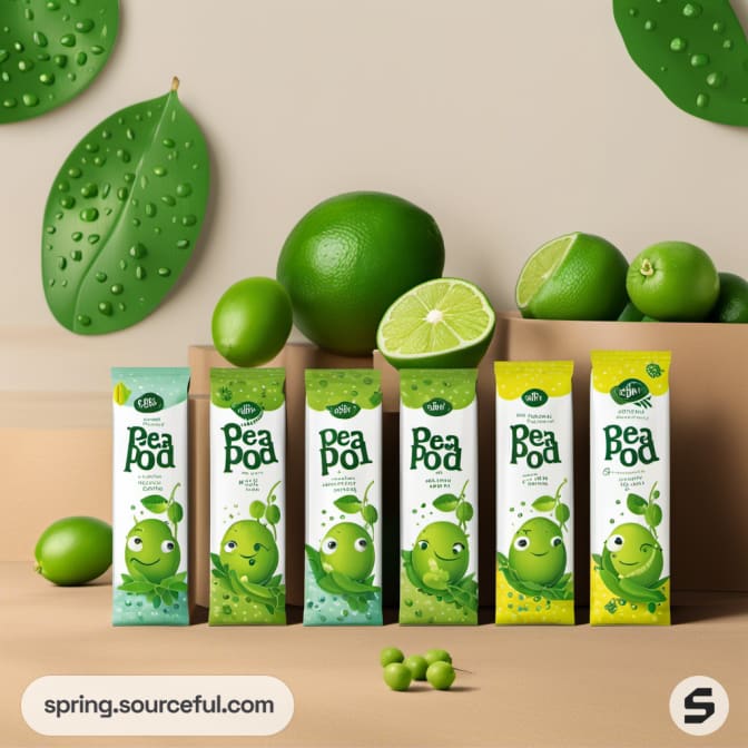 Snack bars with cute peas, green lime, and leaves.