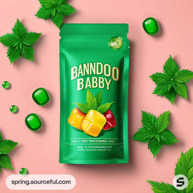Green pouch with colorful gummies and fresh leaves on pink background.