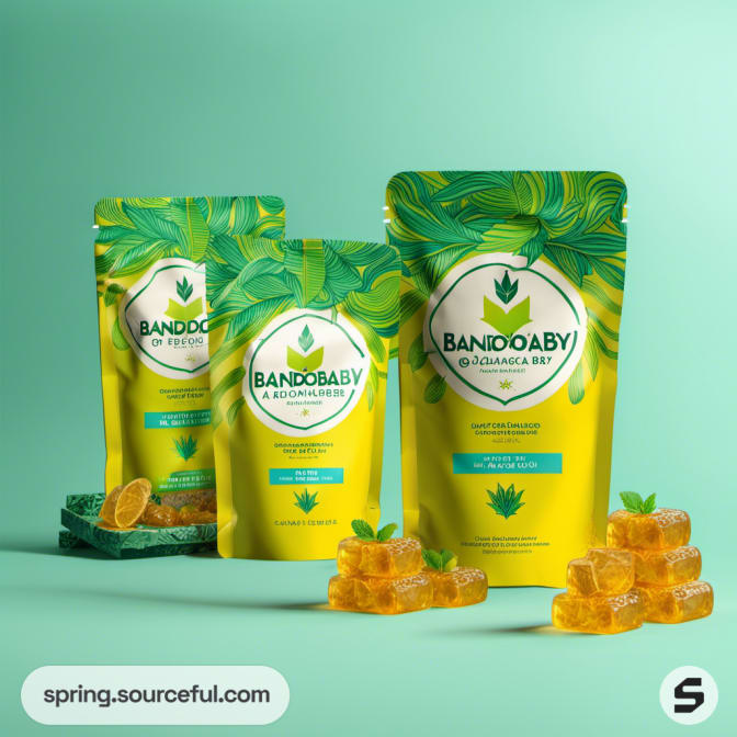Yellow and green pouches with gummies and lemon slices on teal background.