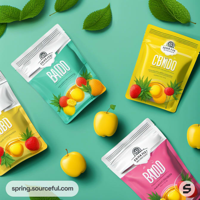 Colorful pouches with fruits and leaves on teal background.