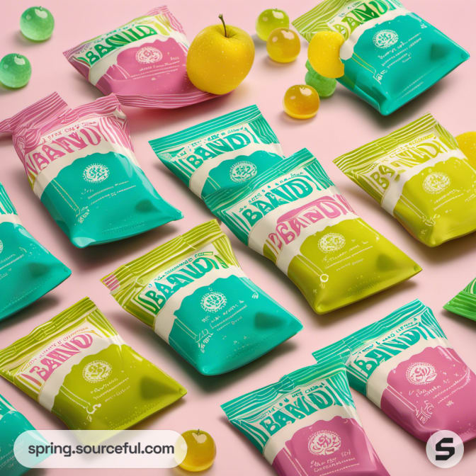 Assorted colorful candy pouches with fruits on pink background.