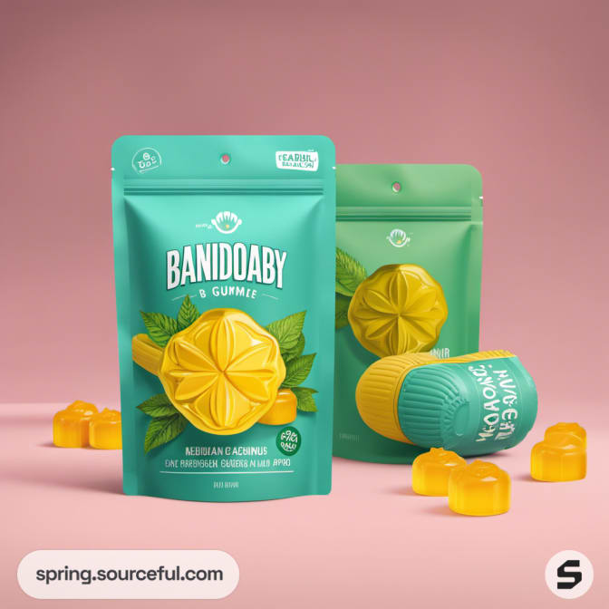 Green pouch with yellow gummies and leaves on pink background.