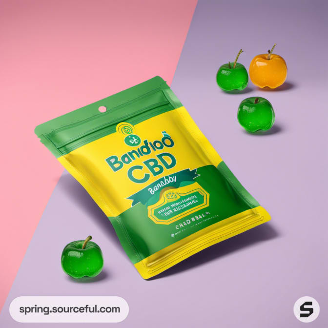 Green and yellow pouch with apple gummies on pink and gray background.
