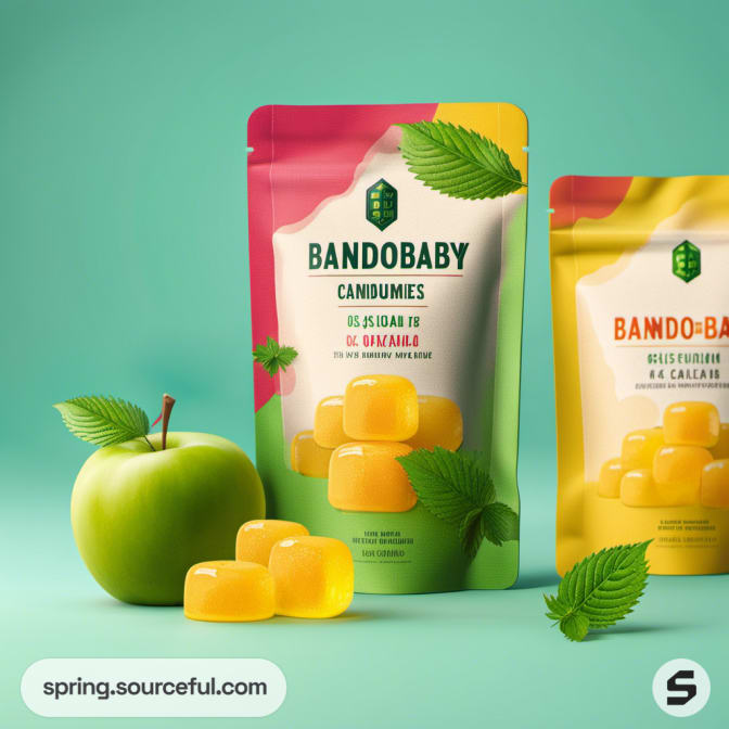 Two pouches with yellow gummies and apple on green background.
