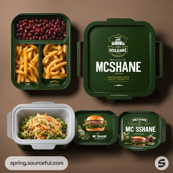 Green meal containers with dividers showcasing pasta and beans.