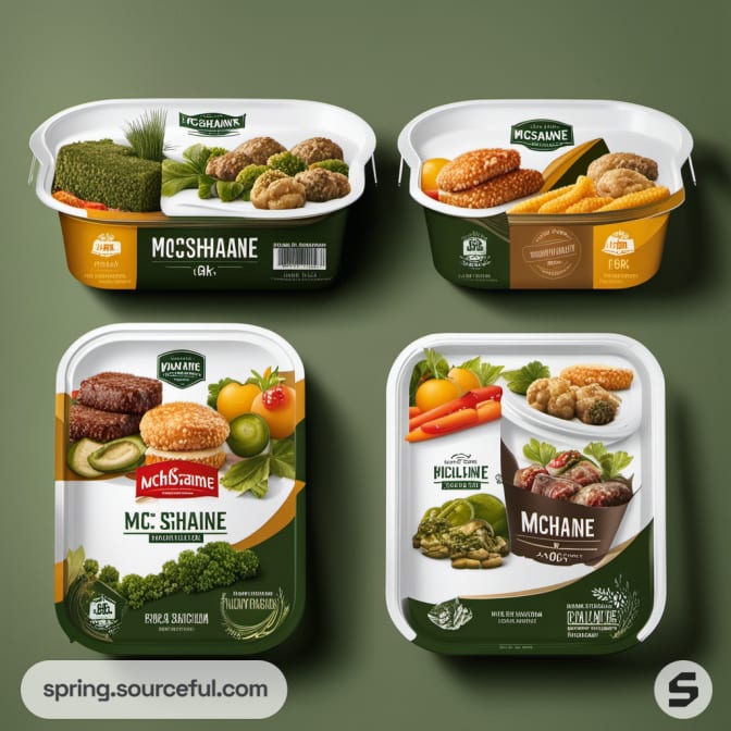 Four green food trays with various meat and veggie images.