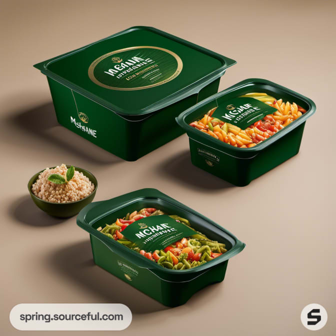 Green meal containers with pasta and grains.