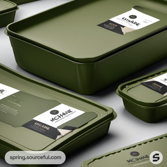 Green storage containers with minimalist labels.