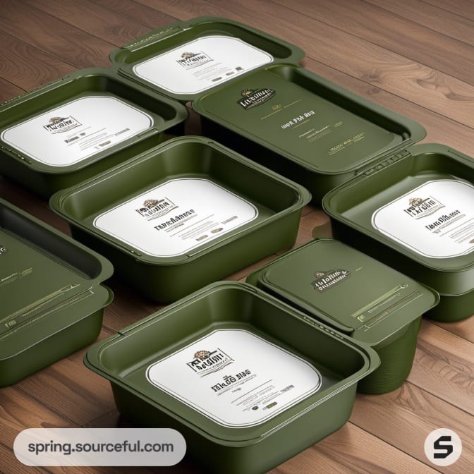 Green square containers on wooden surface.