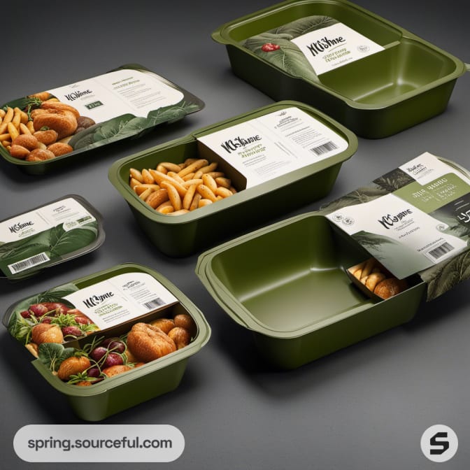Assorted green trays with burger and pasta images.