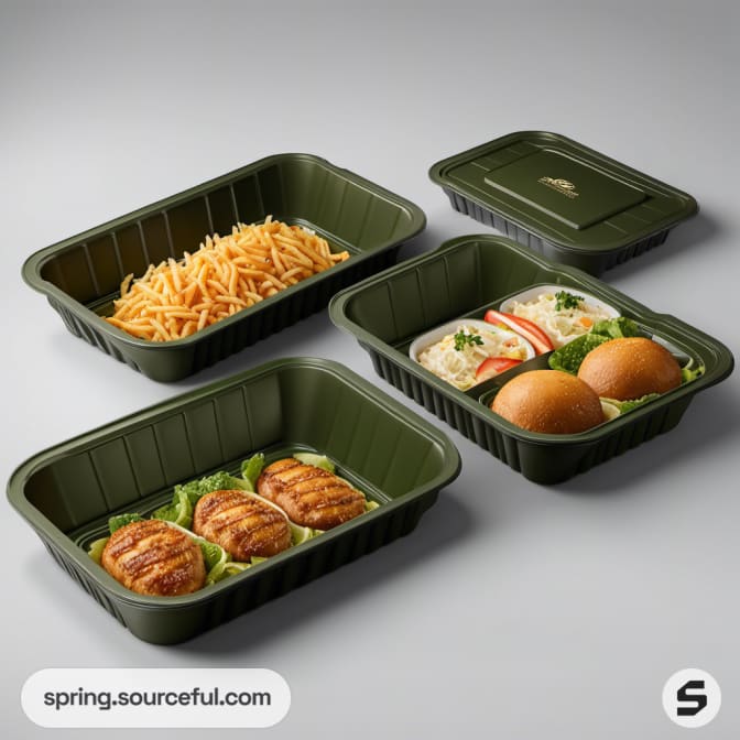 Green trays with separated sections for meals.