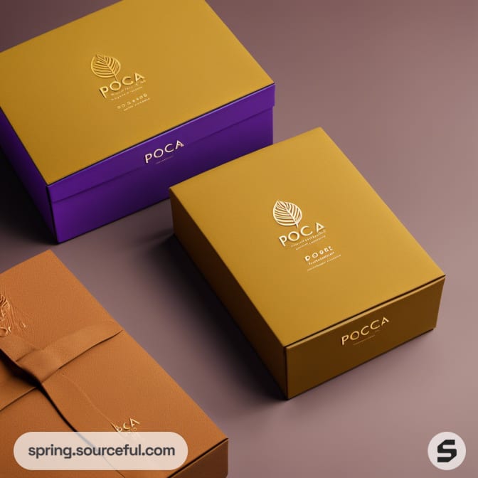 Gold box with purple and brown boxes.