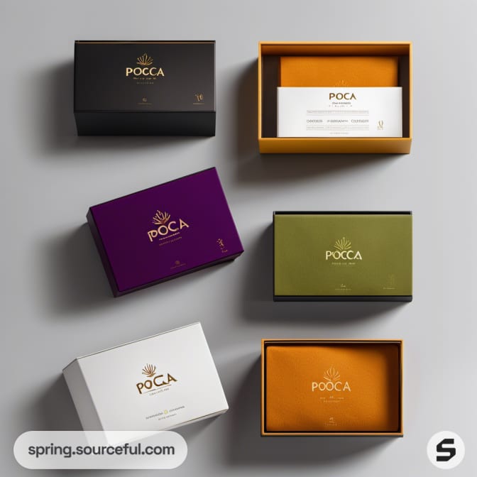 Assorted boxes in purple, green, black, and white.