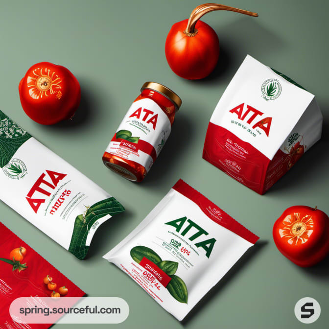 Various food packages with tomatoes and green elements on green background.