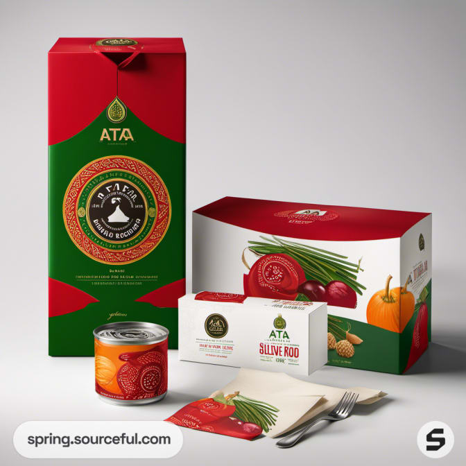 Assorted food packaging in red and green on white background with cutlery.