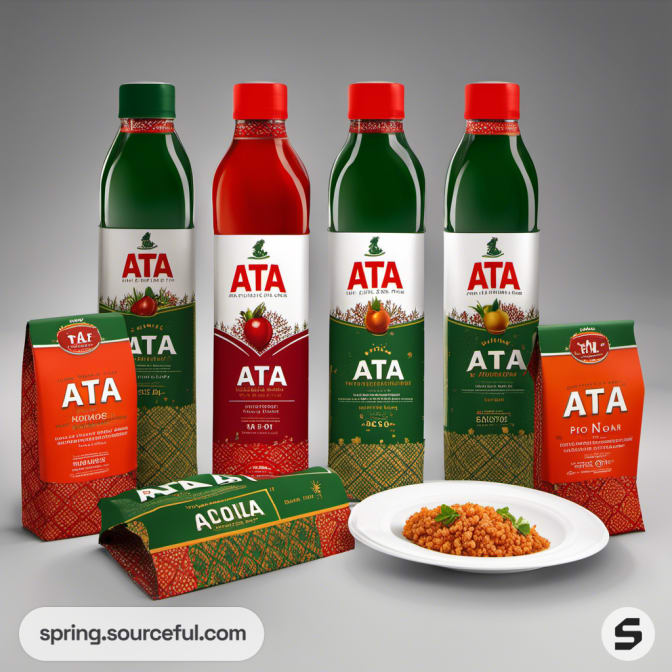 Bottles and food packages with tomatoes and rice on gray background.
