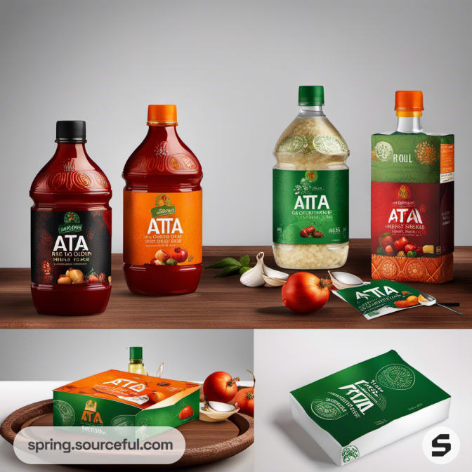 Assorted drink bottles and boxed food packages on round wooden tray.