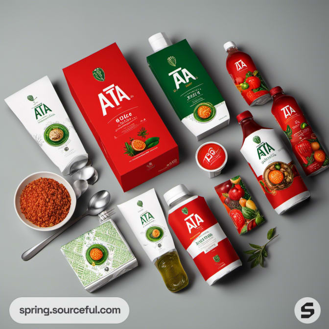 Assorted food packaging including cartons on gray background with vegetables.