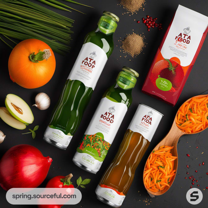 Bottled beverages and packaged food with vegetables on dark surface.