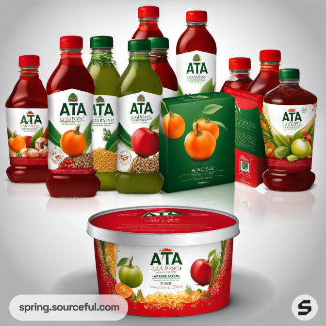 A variety of beverage bottles and food packages with fresh fruits and vegetables.