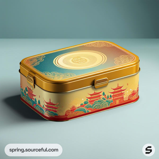 Rectangular tin with Asian-inspired artwork in blue and gold.