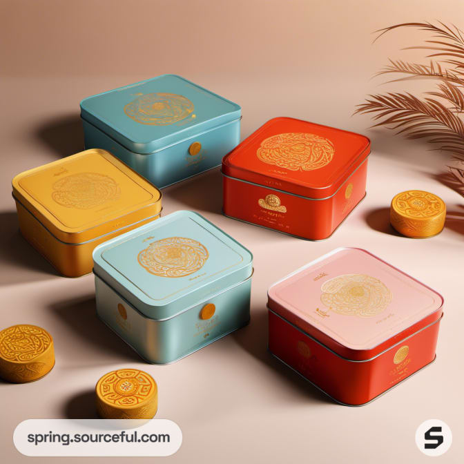Four square tins in yellow, red, blue, and pink with gold designs.