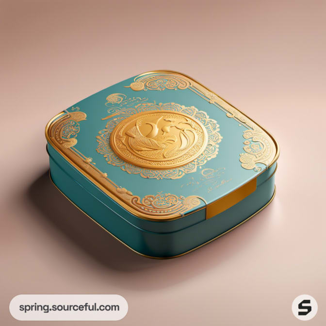 Blue rectangular tin with intricate gold design.