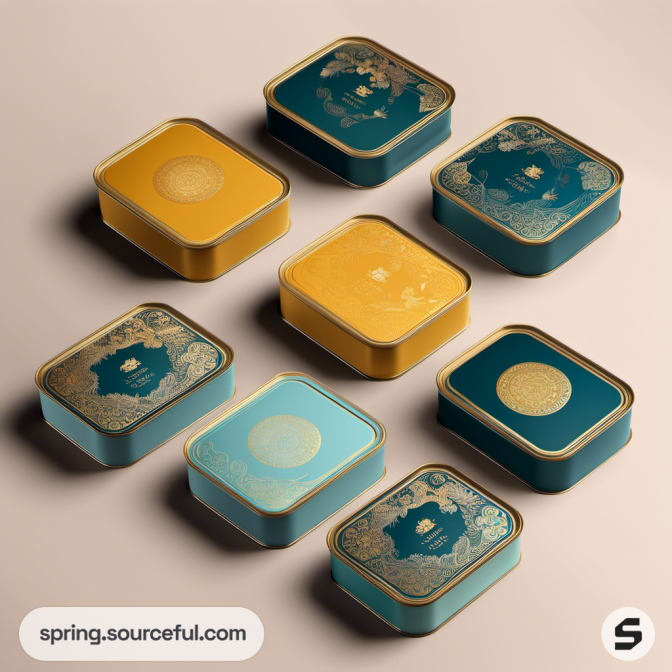Eight square tins in gold and blue with decorative patterns.