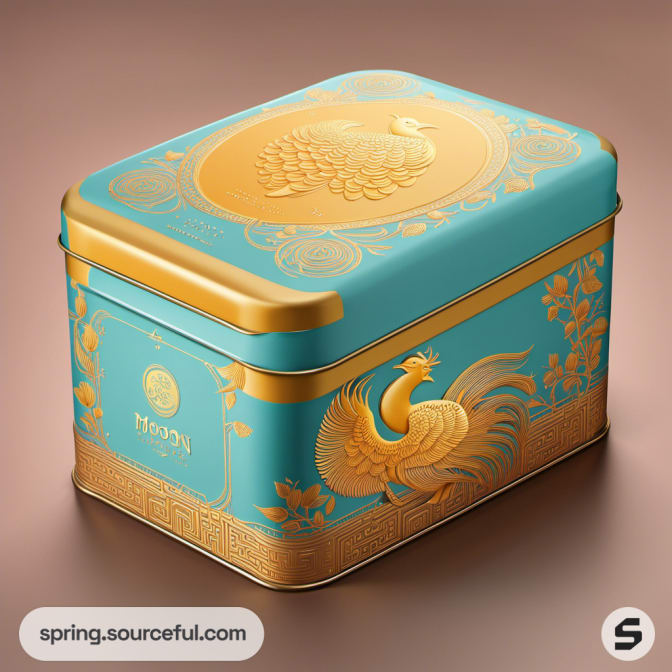 Turquoise rectangular tin with gold rooster design.