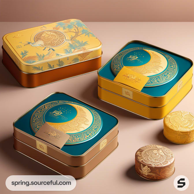 Three rectangular tins in gold, blue, and brown with circular motifs.
