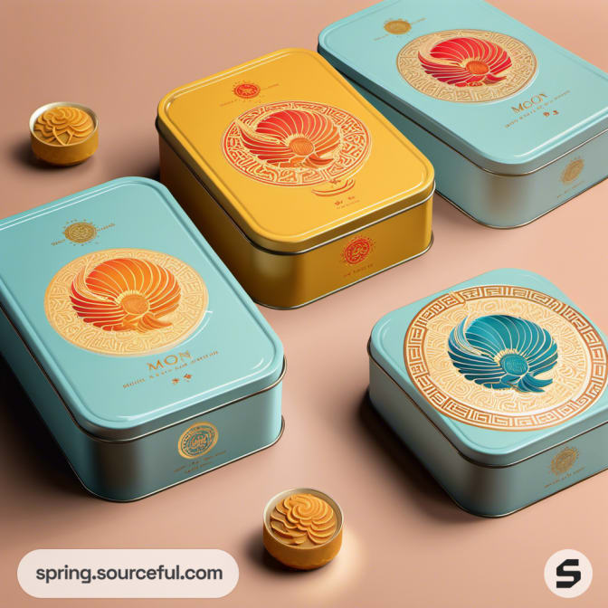 Four rectangular tins in blue and yellow with phoenix designs.