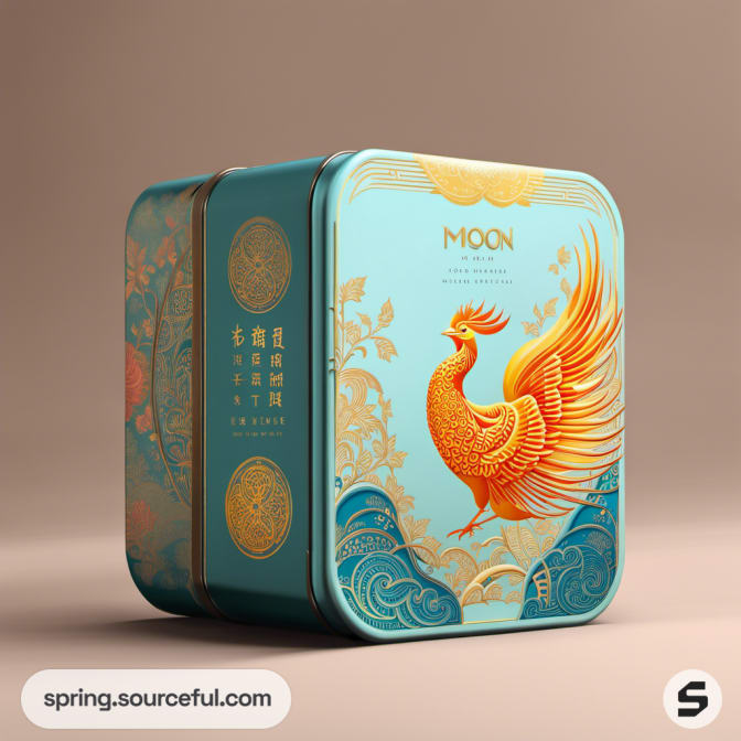 Rectangular tin with turquoise and gold phoenix illustration.