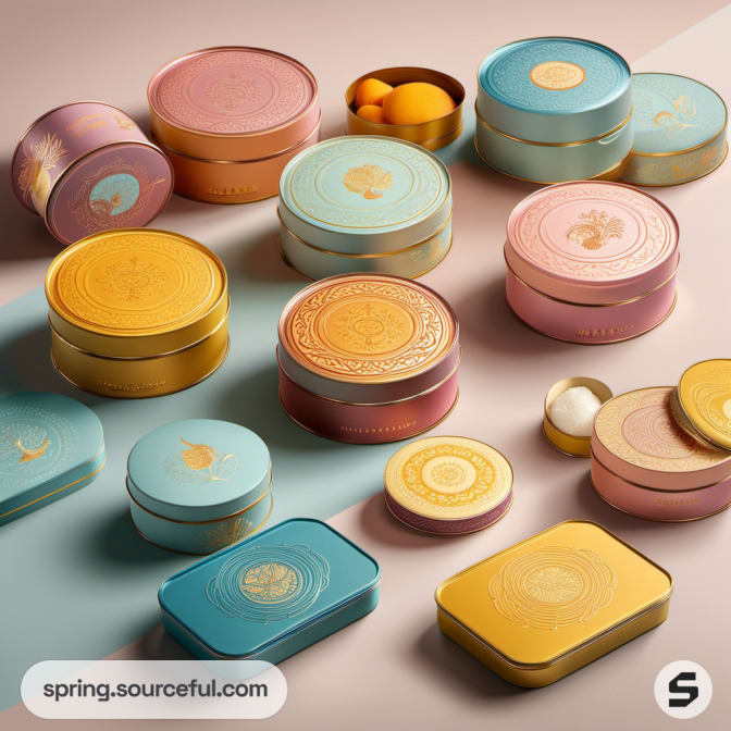 Various round and rectangular tins in pastel colors with gold designs.