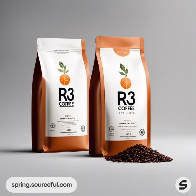 Two coffee bags with orange accents and logo