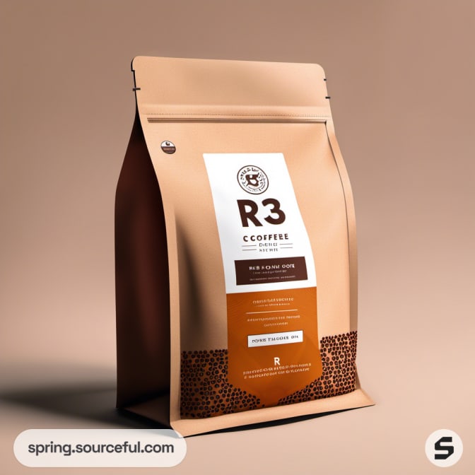 Beige coffee bag with R3 label, brown accents