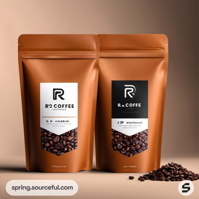 Two brown coffee pouches with R logo and beans